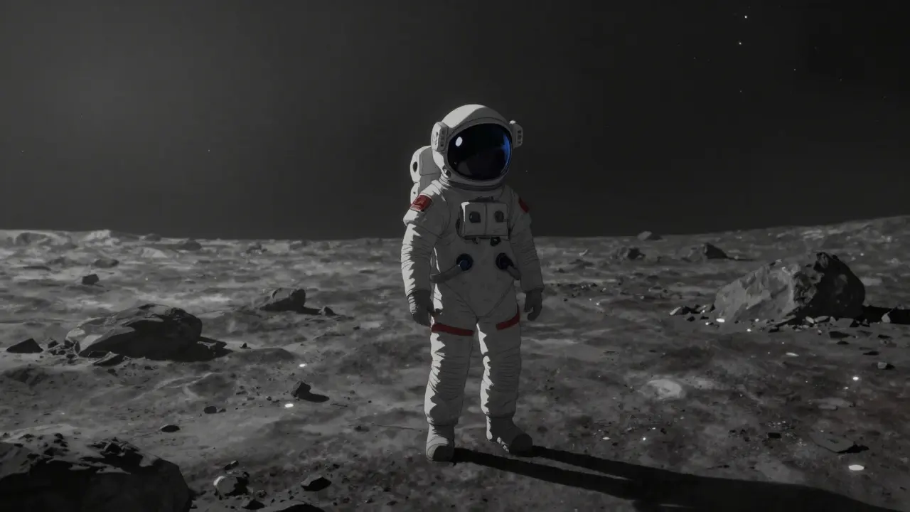 Lone astronaut on desolate asteroid looking at stars
