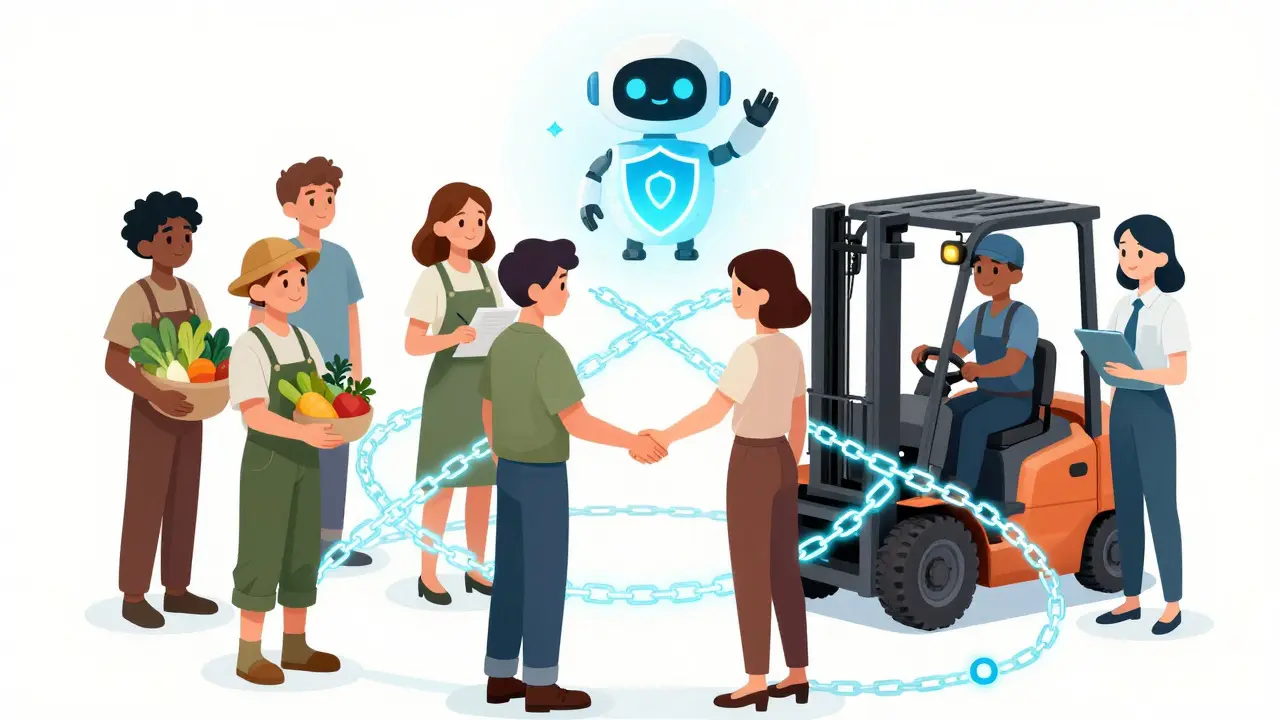 Manga illustration of people connected by secure digital trust chains