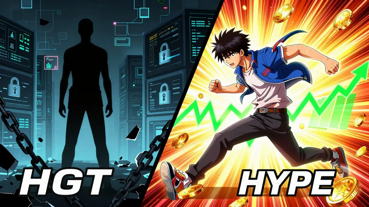 Manga style split screen comparing dormant HGT vs active HYPE projects