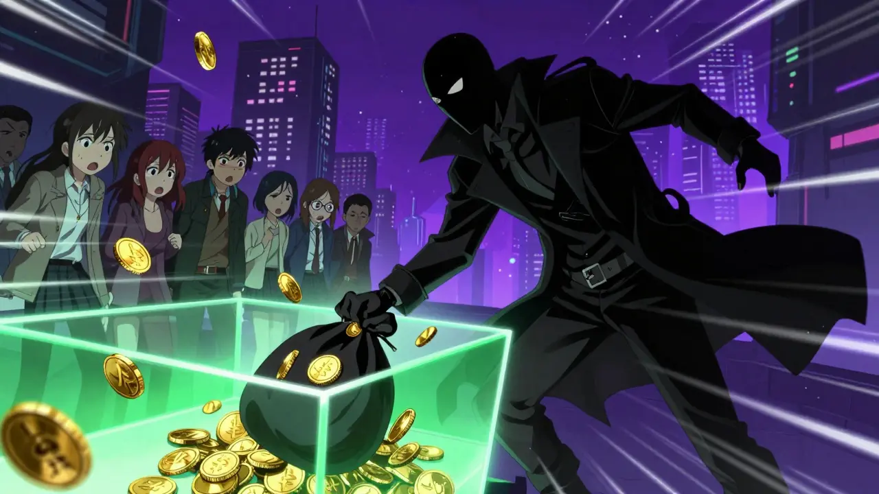 Shadowy figure stealing assets from a liquidity pool while victims watch in despair.