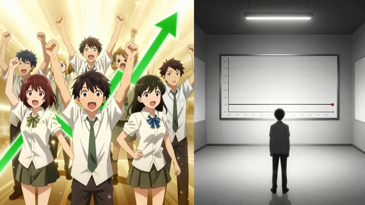 Split anime panel contrasting past crypto hype celebration with present market stagnation.