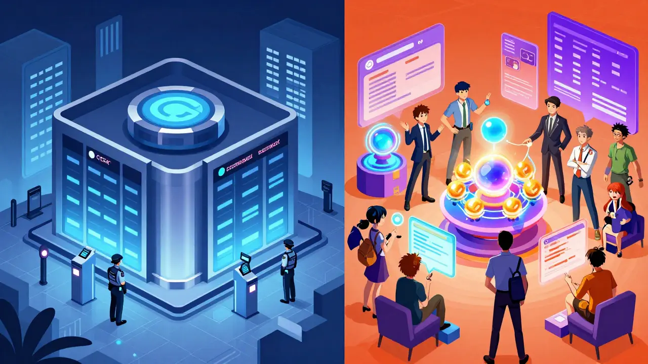 Split illustration comparing centralized vs decentralized crypto exchanges