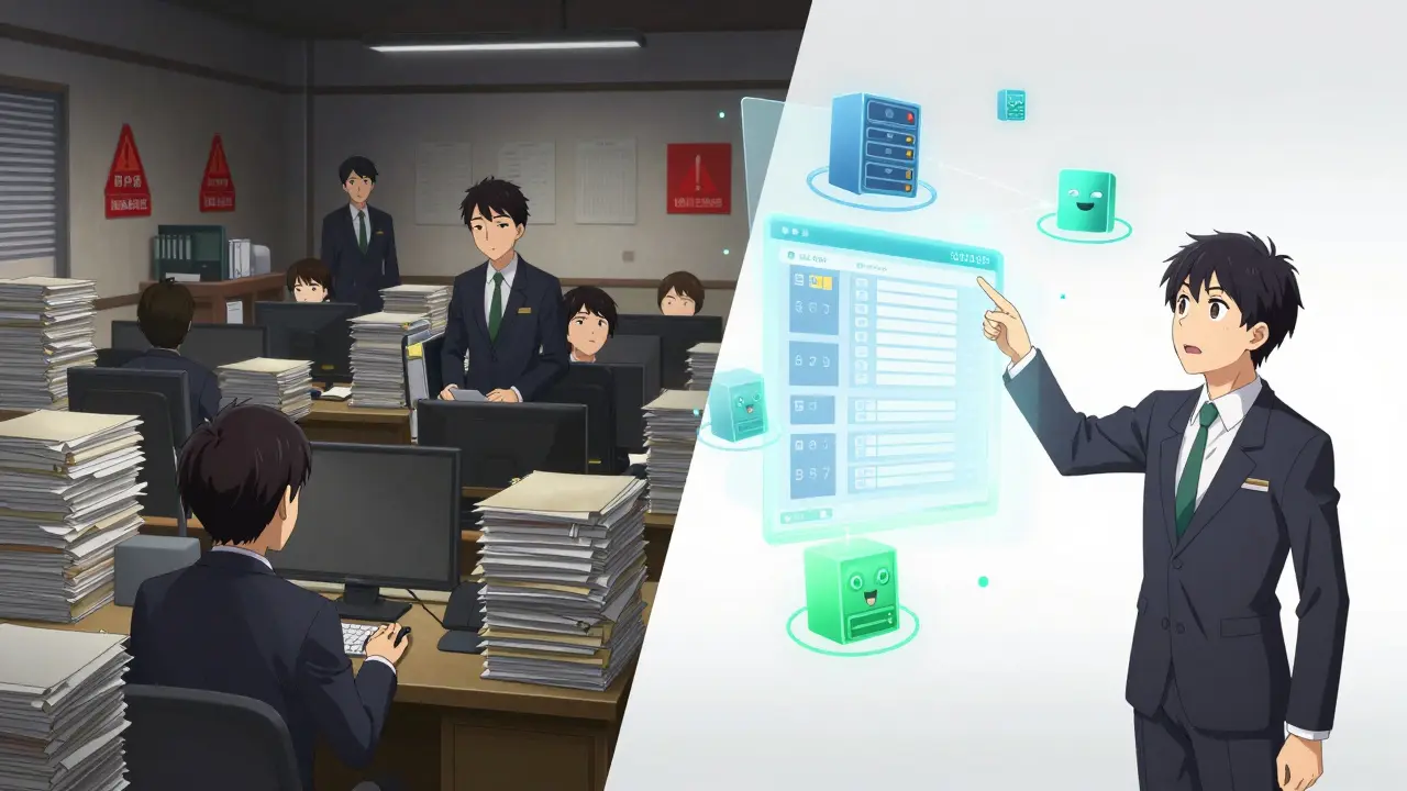 Split screen anime art contrasting chaotic traditional audits with clean, transparent blockchain ledger verification.