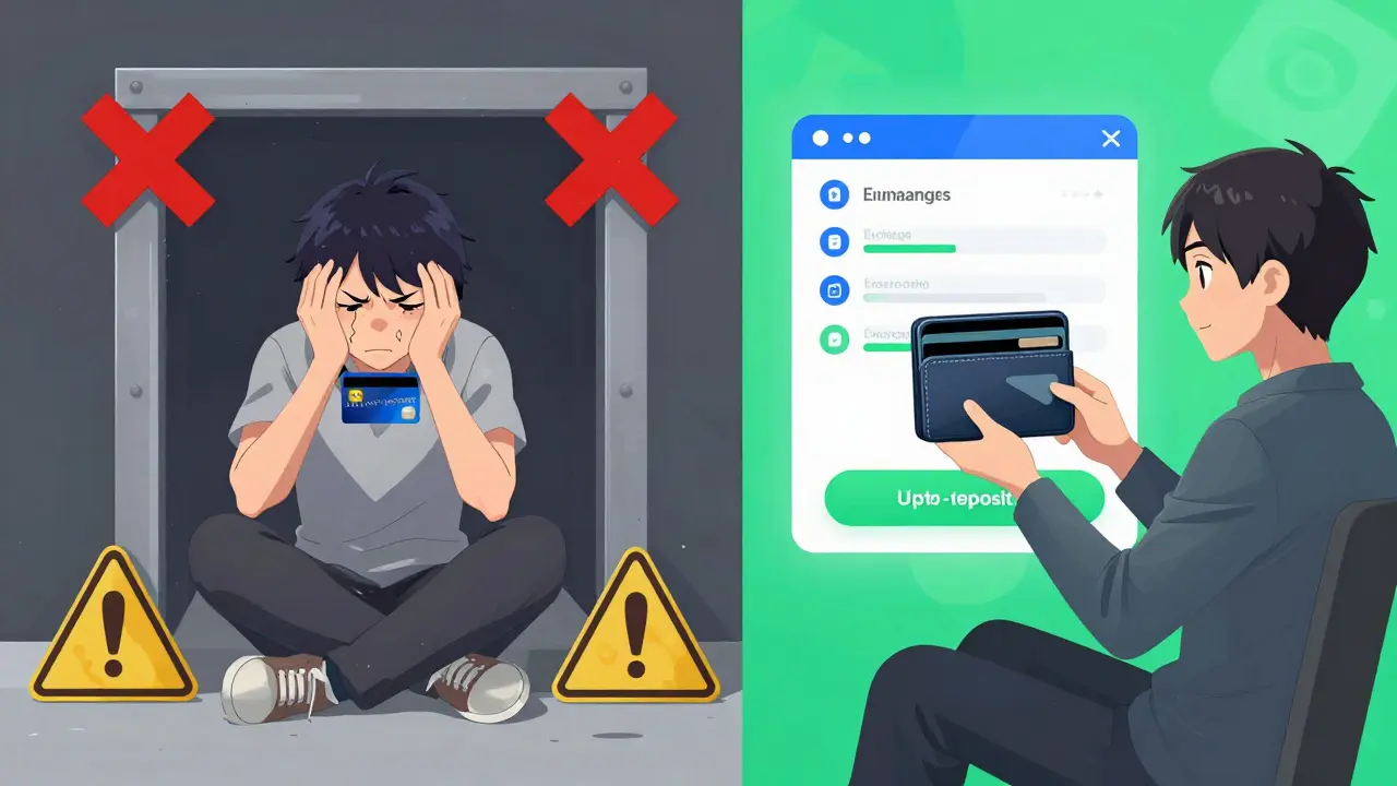 Split screen anime showing blocked bank transfer vs successful crypto deposit