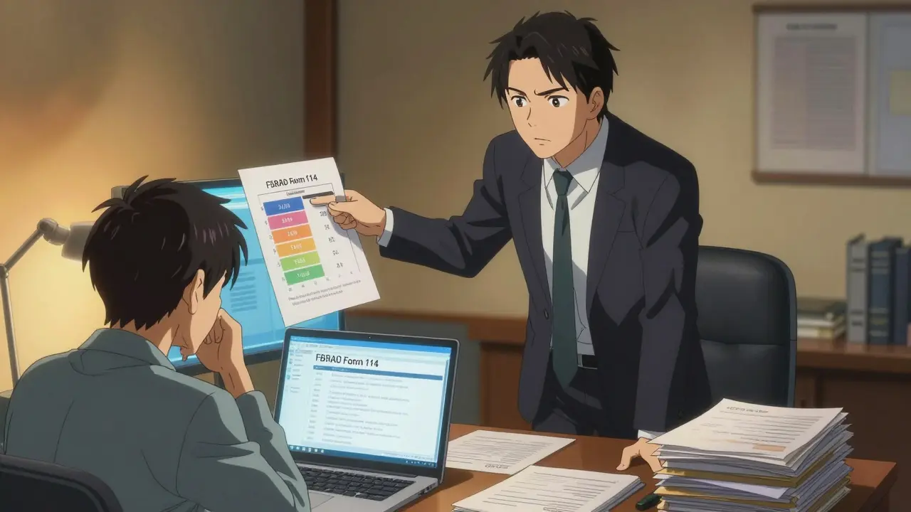Tax advisor explaining FBAR compliance penalties to a concerned client