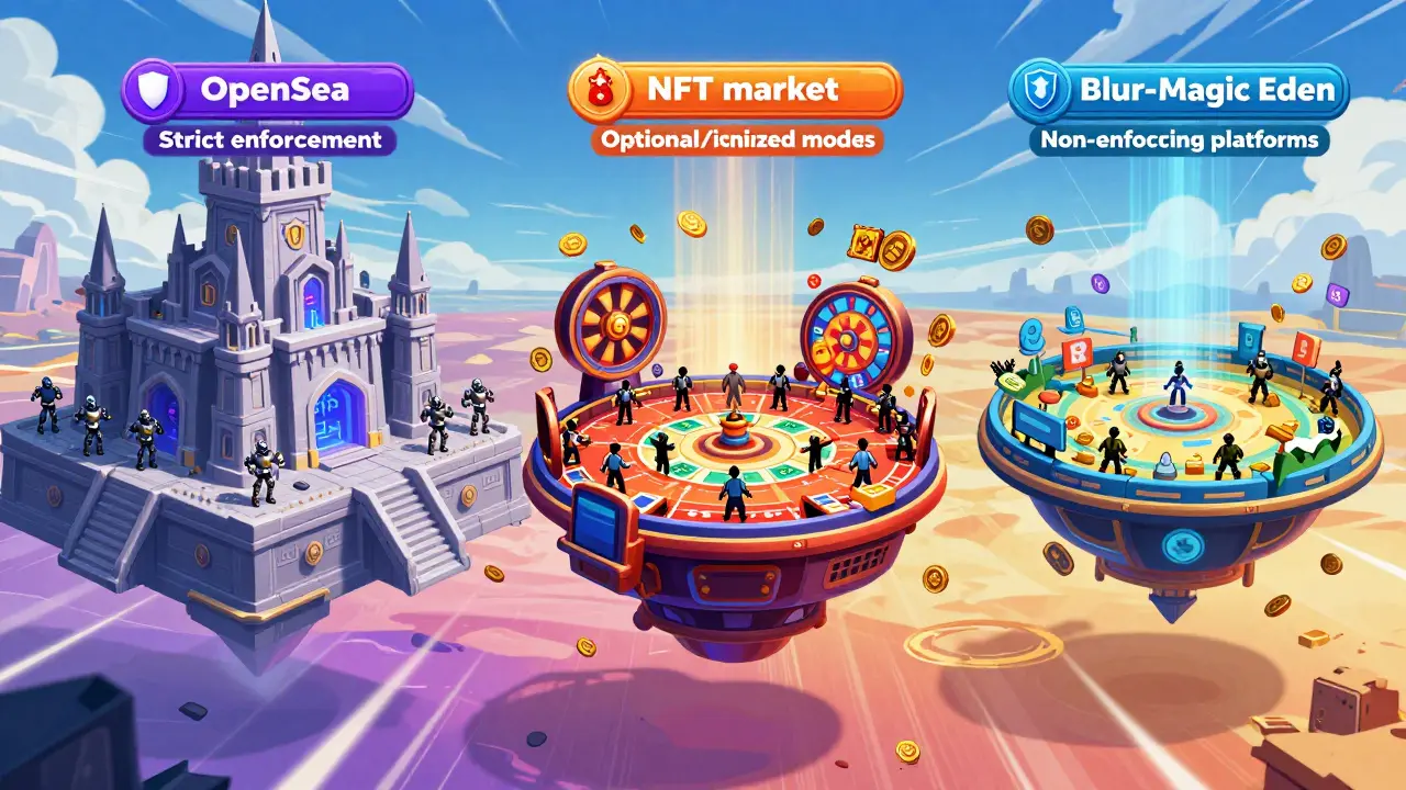 Three different NFT marketplace styles shown as digital arenas