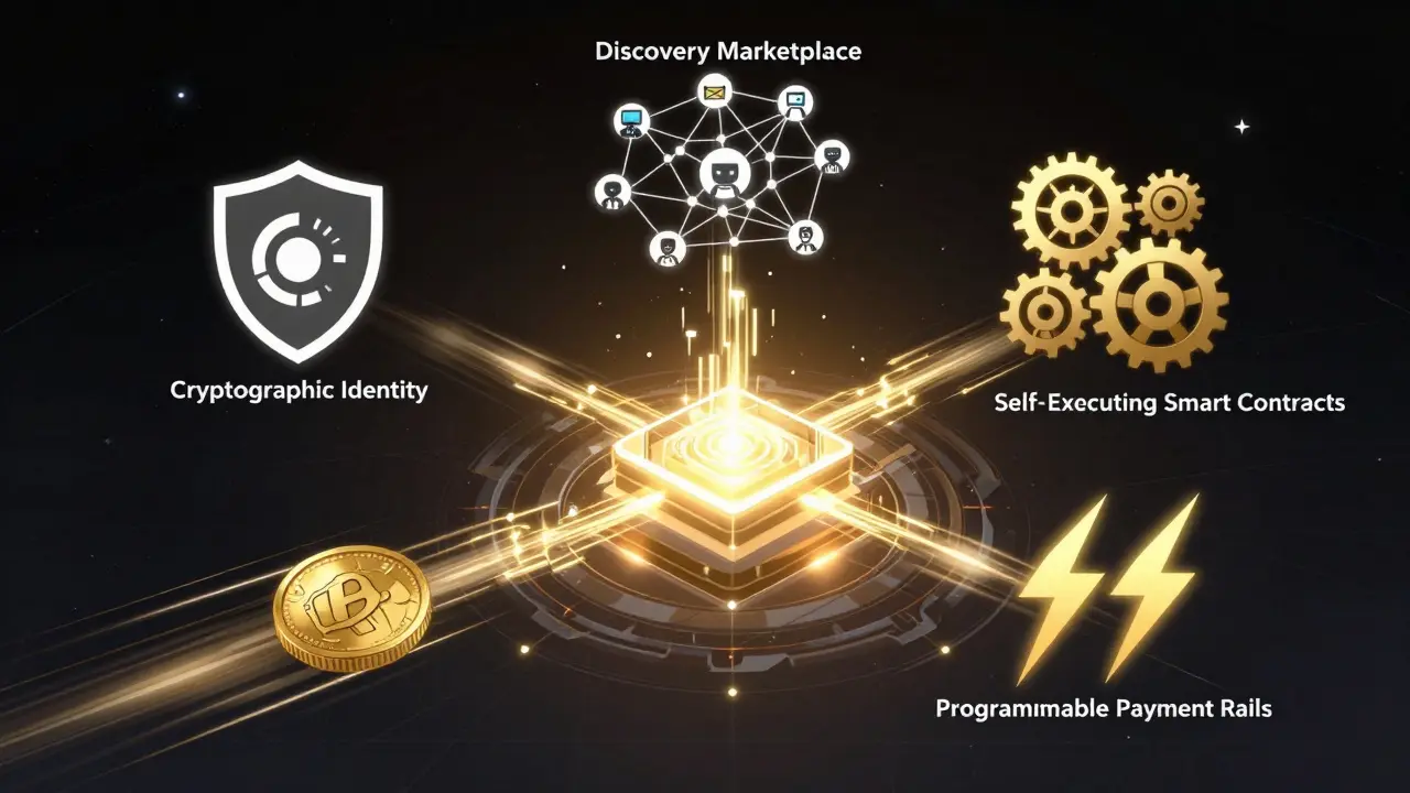 Abstract visualization of Nethara's four tech pillars around a core