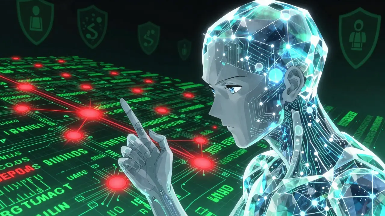 Anime AI neural network analyzing complex transaction data flows