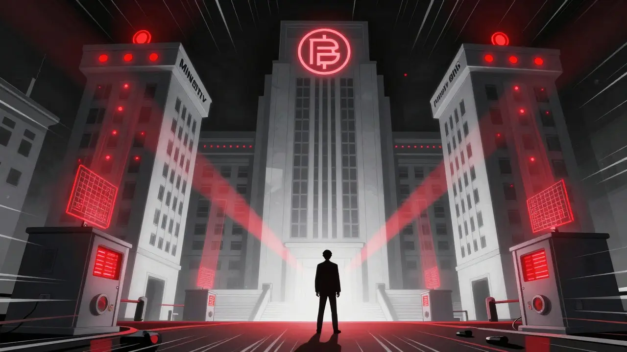 Anime art depicting strict government regulation and surveillance of miners
