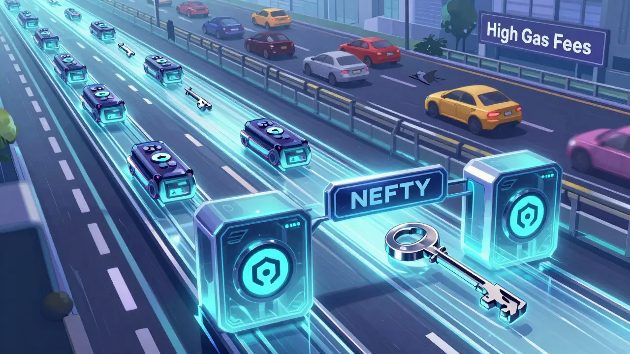 Anime art showing fast WAX blockchain transactions vs slow high-fee networks.