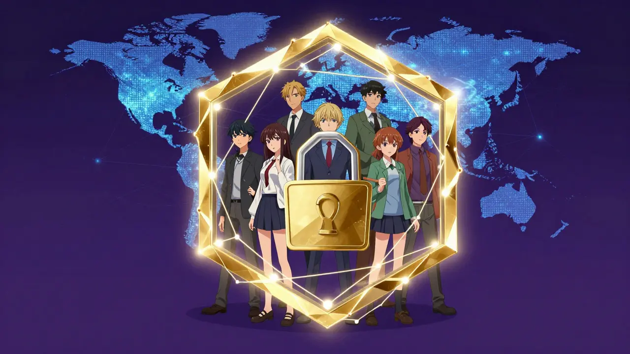 Anime avatars protected by a glowing blockchain security shield