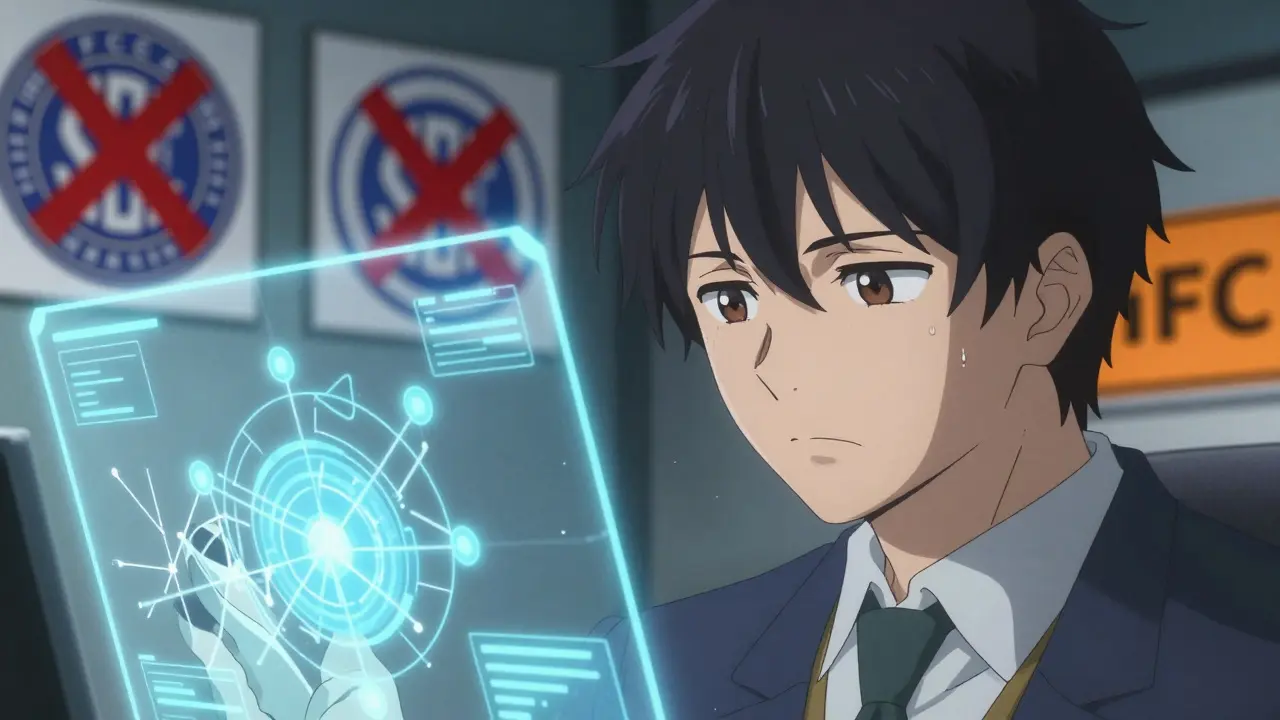 Anime character analyzing broken data graphs with crossed-out regulatory seals.