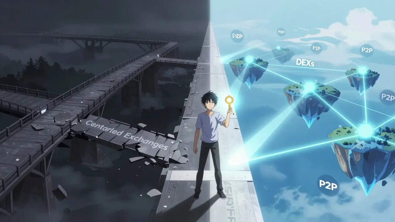 Anime character choosing decentralized crypto paths over a crumbling bridge.