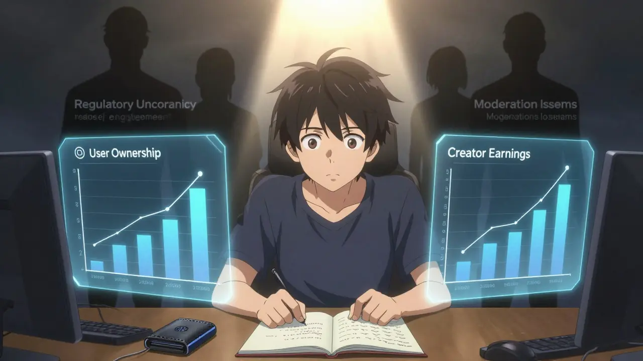 Anime character managing crypto wallet with holographic growth charts