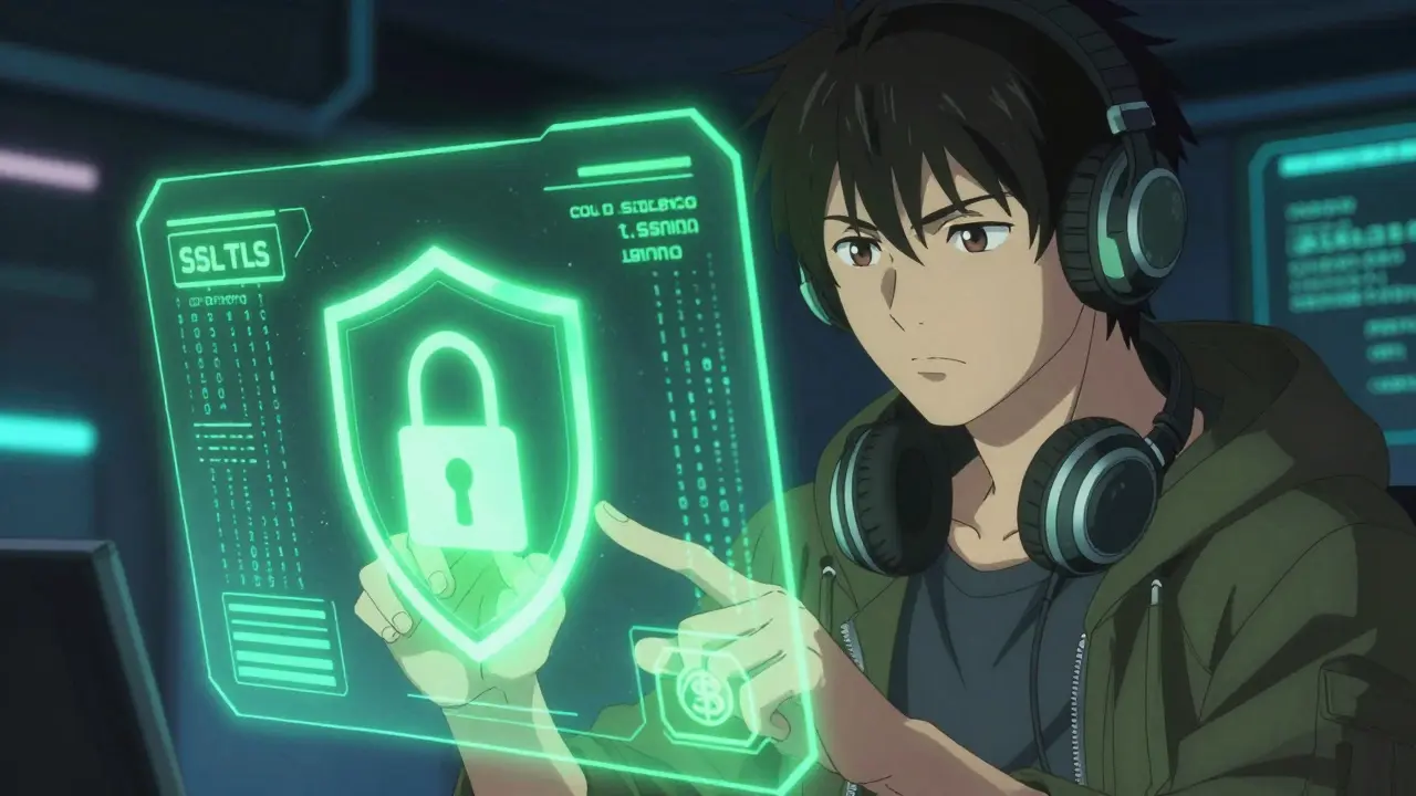 Anime character securing digital assets with holographic shields