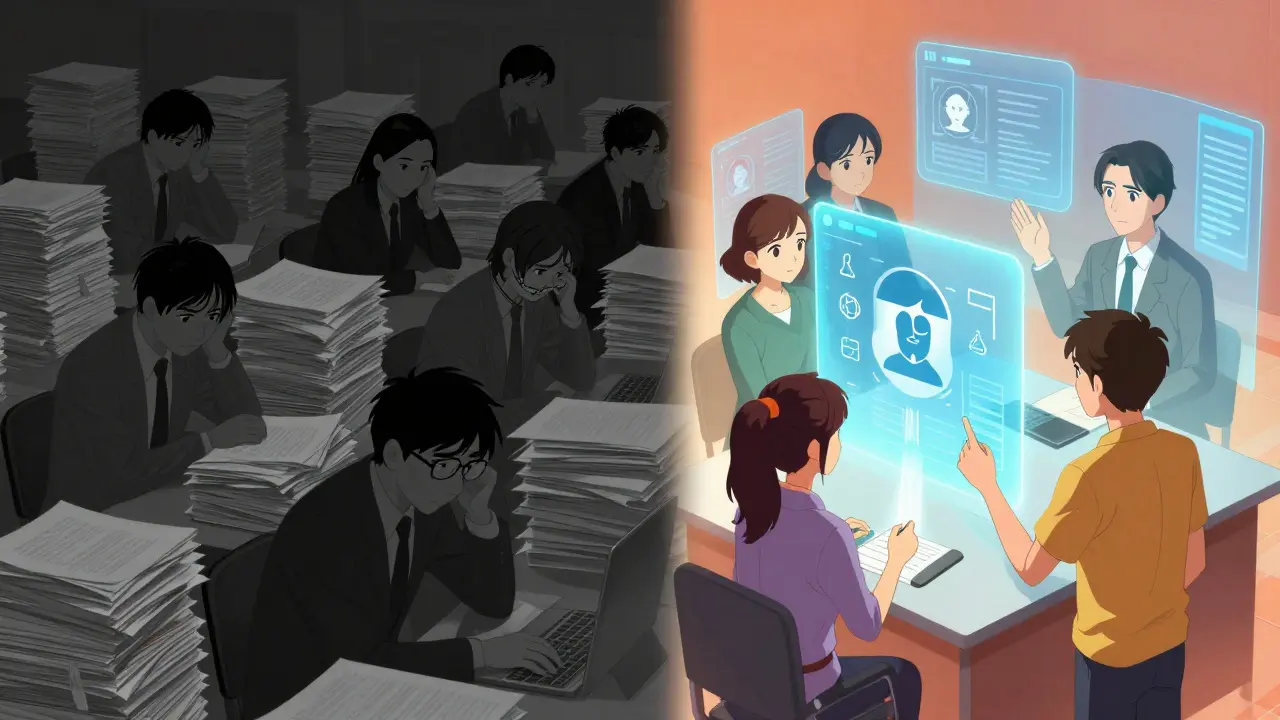 Anime contrast between old paperwork burden and new digital biometric checks