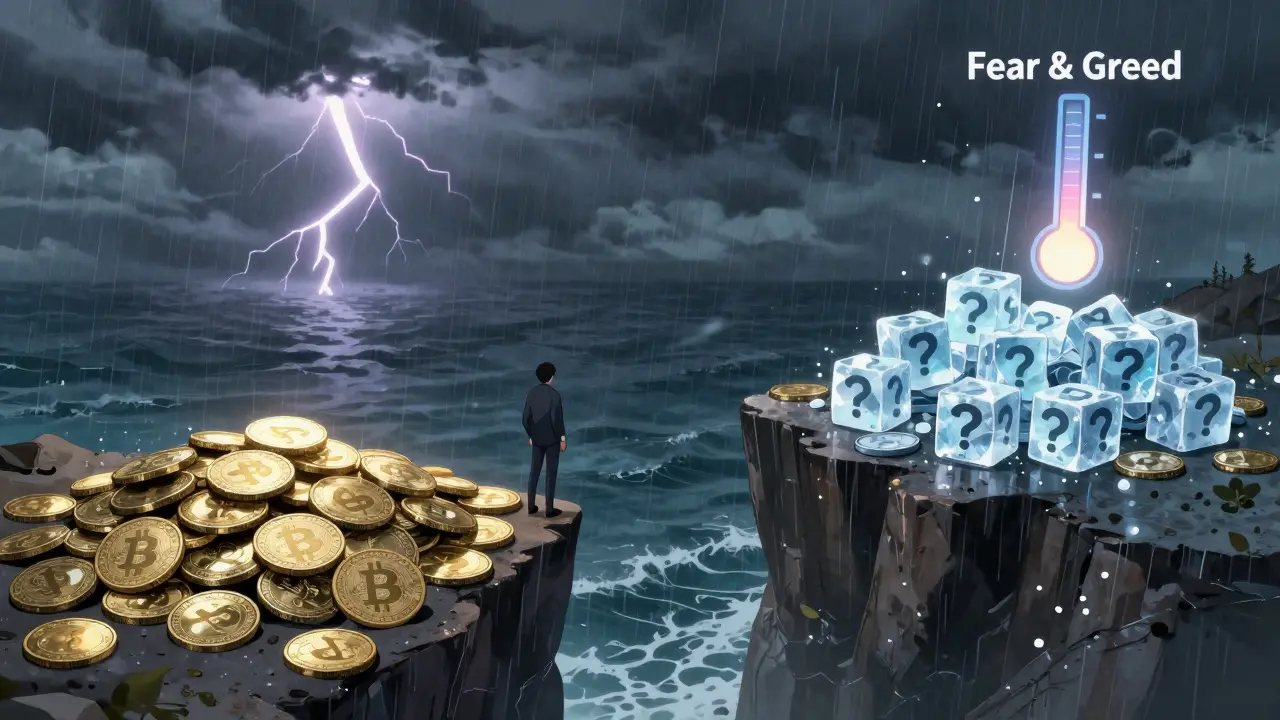 Anime figure balancing safe gold coins against fragile ice tokens on a stormy cliff
