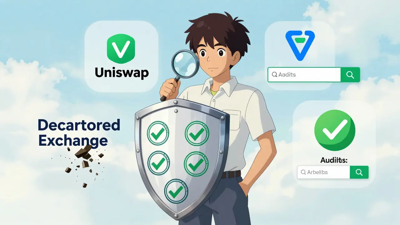 Anime hero protected by security shields near legitimate DeFi platforms