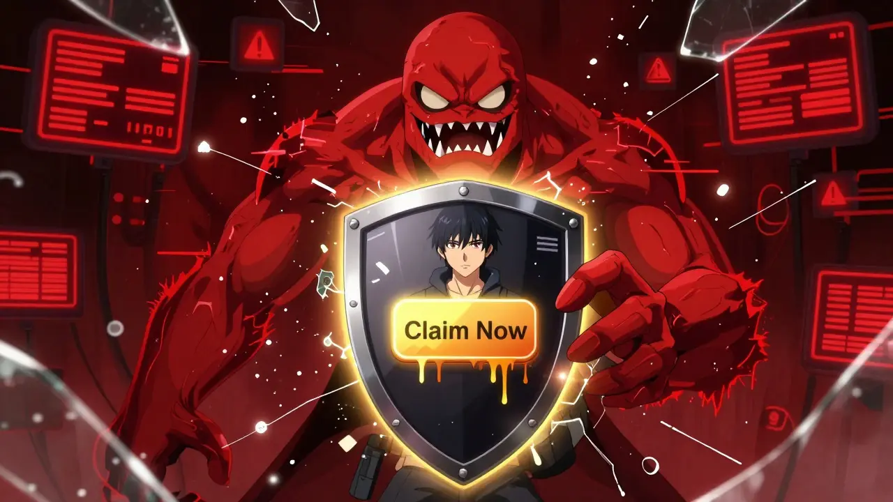 Anime hero protecting digital wallet from a red phishing scam monster