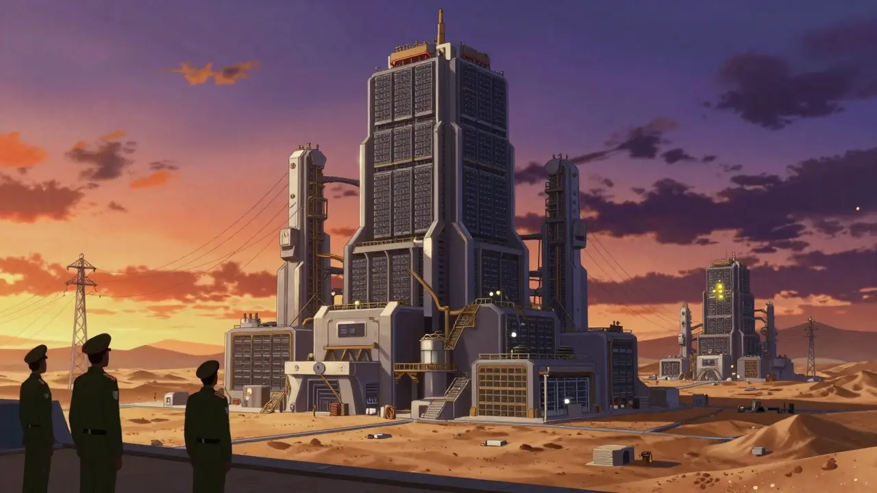 Anime illustration of large state-run mining facilities vs small private mines