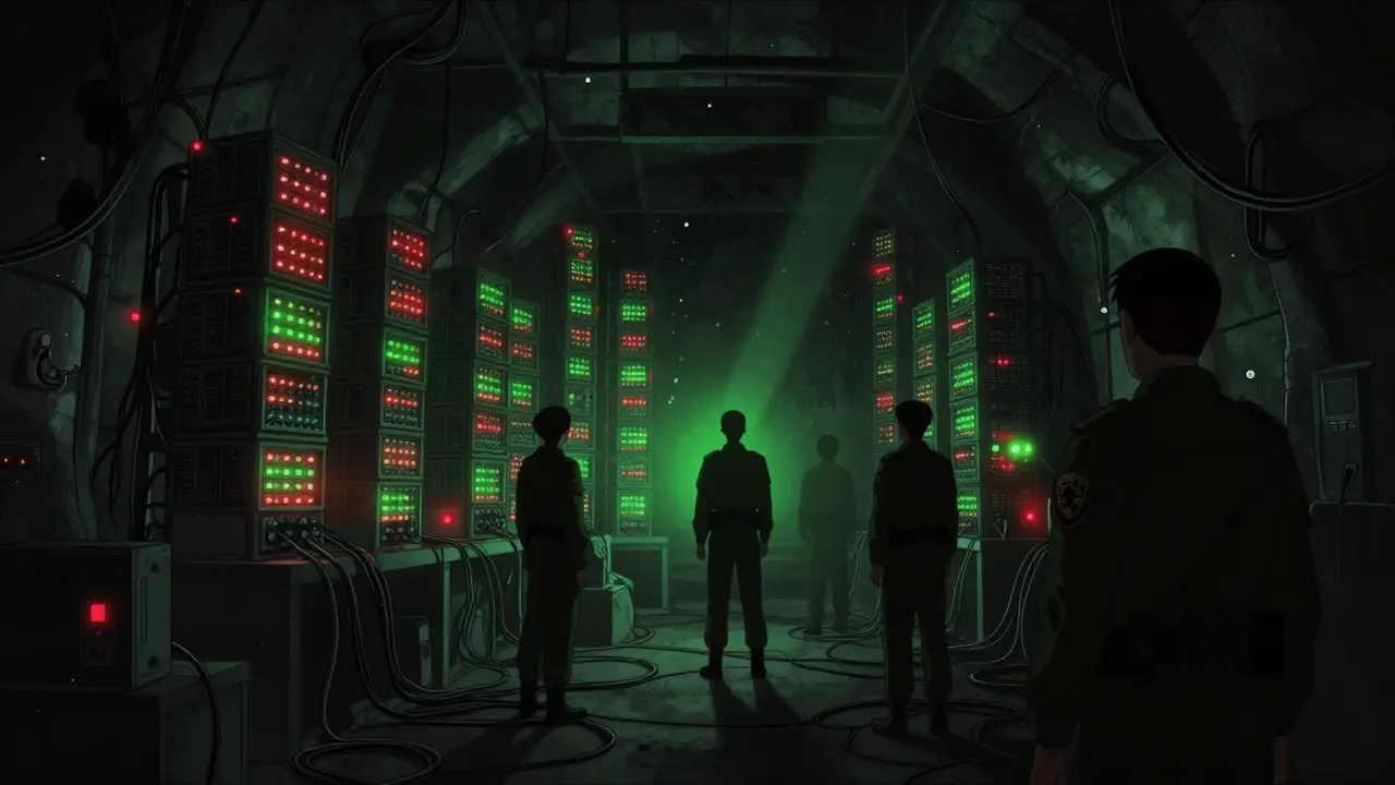 Anime illustration of shadowy military figures guarding underground mining rigs