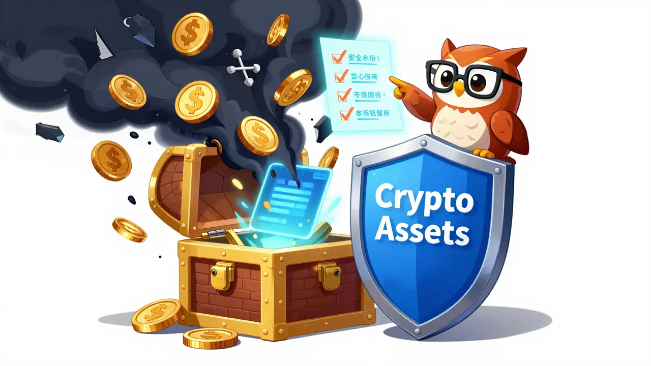 Anime mascot protecting crypto assets with a blockchain shield against scams