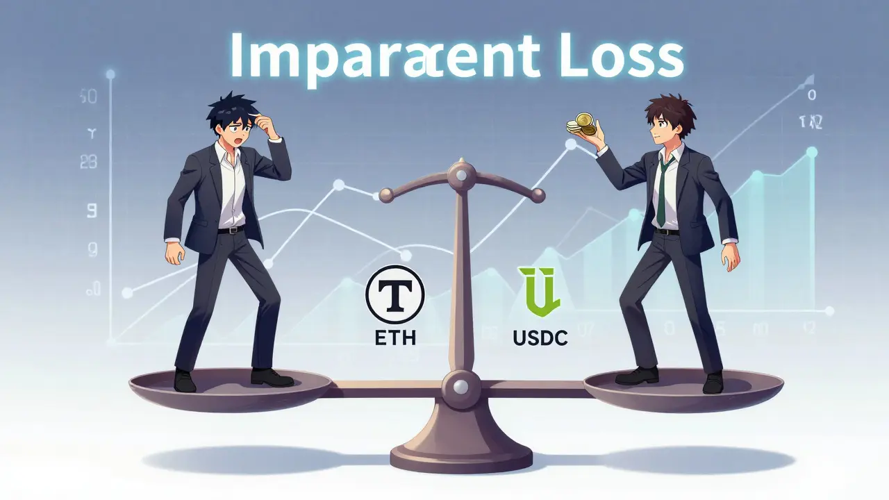 Anime metaphor for impermanent loss with tipping balance scales