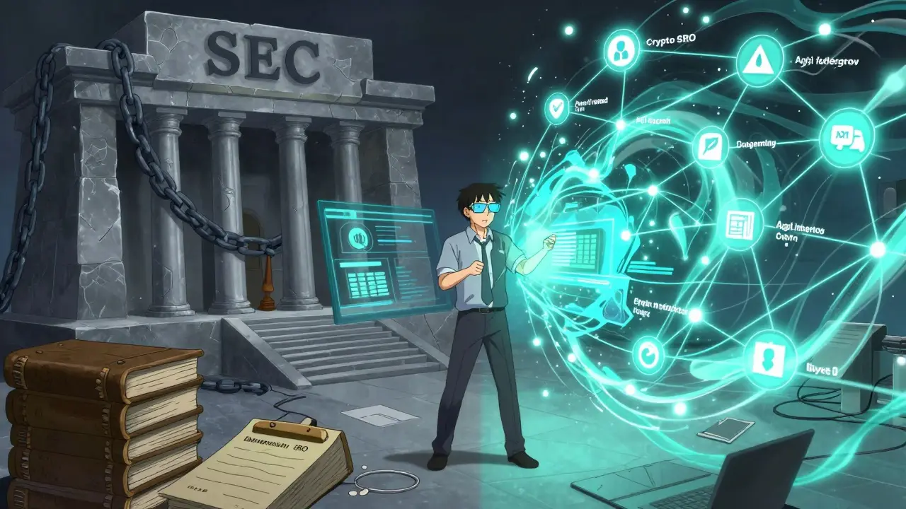 Anime style: Contrast between slow traditional regulators and agile crypto SROs.