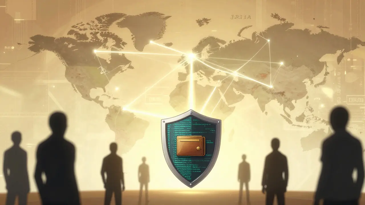 Anime style: Global network protecting digital wallets with code-based security shields.