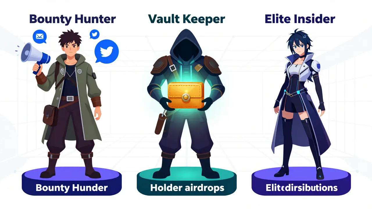 Anime style illustration of three distinct crypto airdrop types
