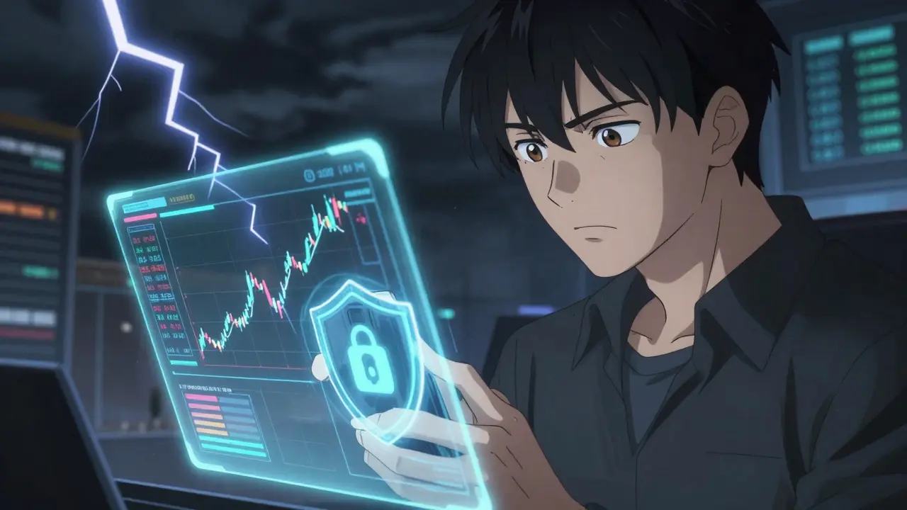 Anime trader analyzing volatile crypto charts with a secure digital wallet.