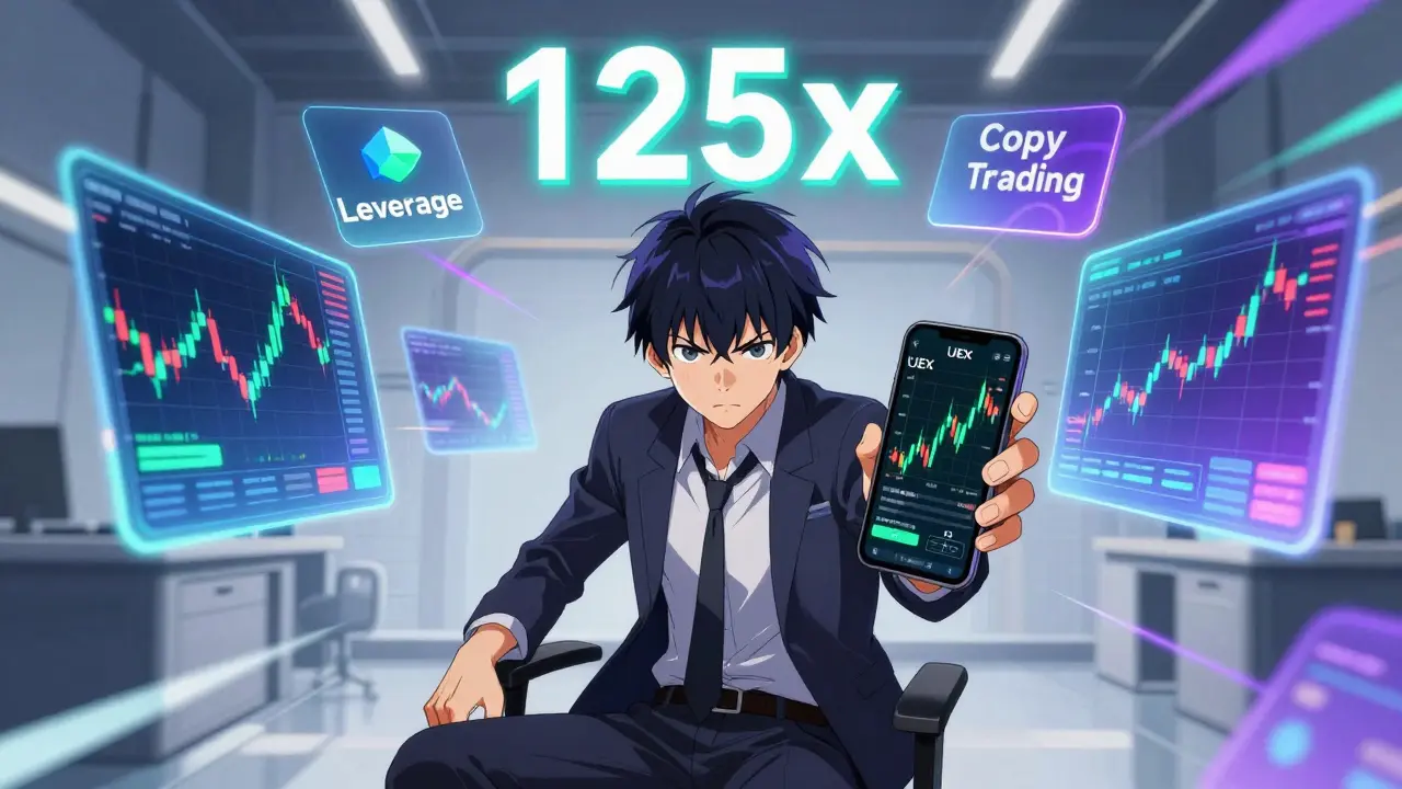 Anime trader analyzing volatile crypto charts with high leverage indicators