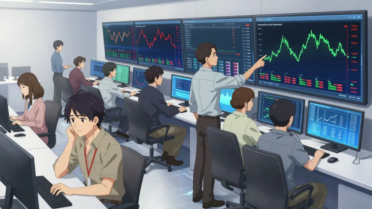 Anime traders analyzing charts and investment yields on screens