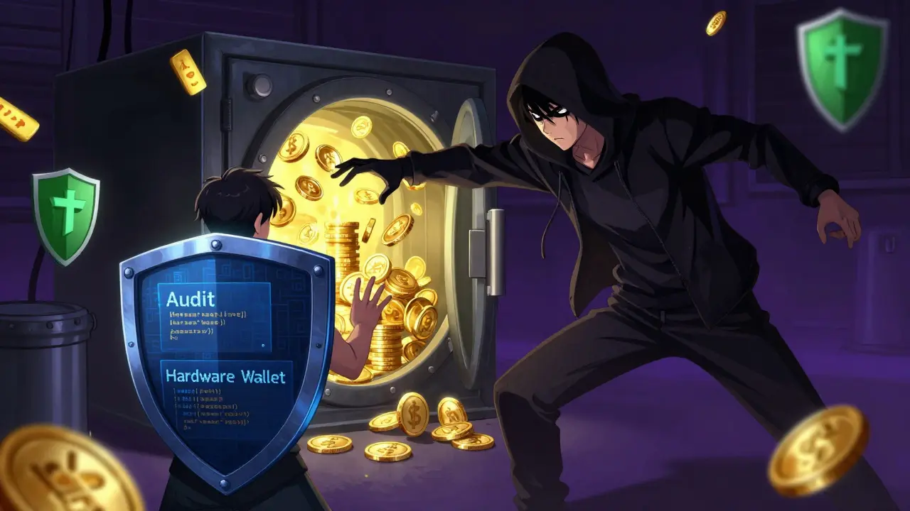 Anime user defending crypto vault from shadowy hacker with shield