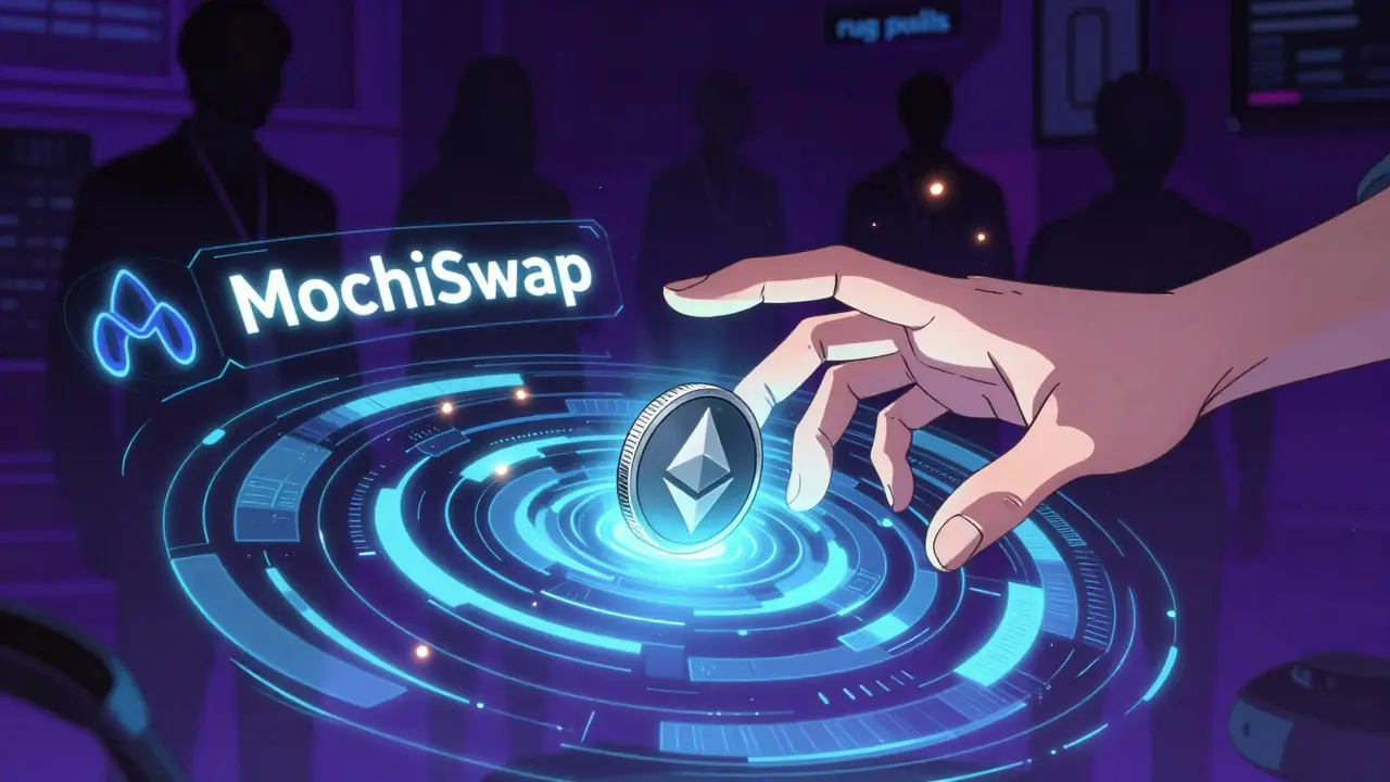 Cyberpunk anime scene showing risky token swap with shadowy threats in background