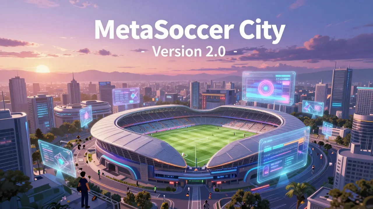 Futuristic MetaSoccer City with stadiums and blockchain elements