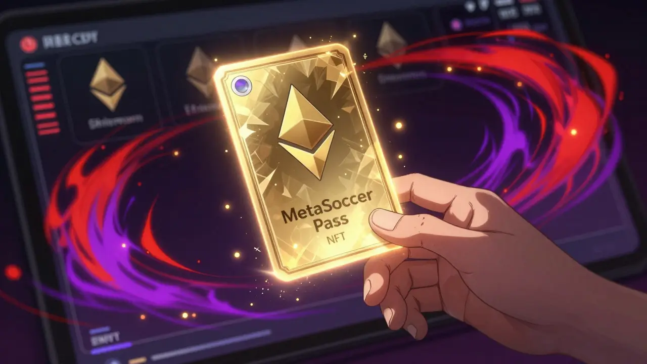 Glowing MetaSoccer Pass NFT hovering amidst digital energy