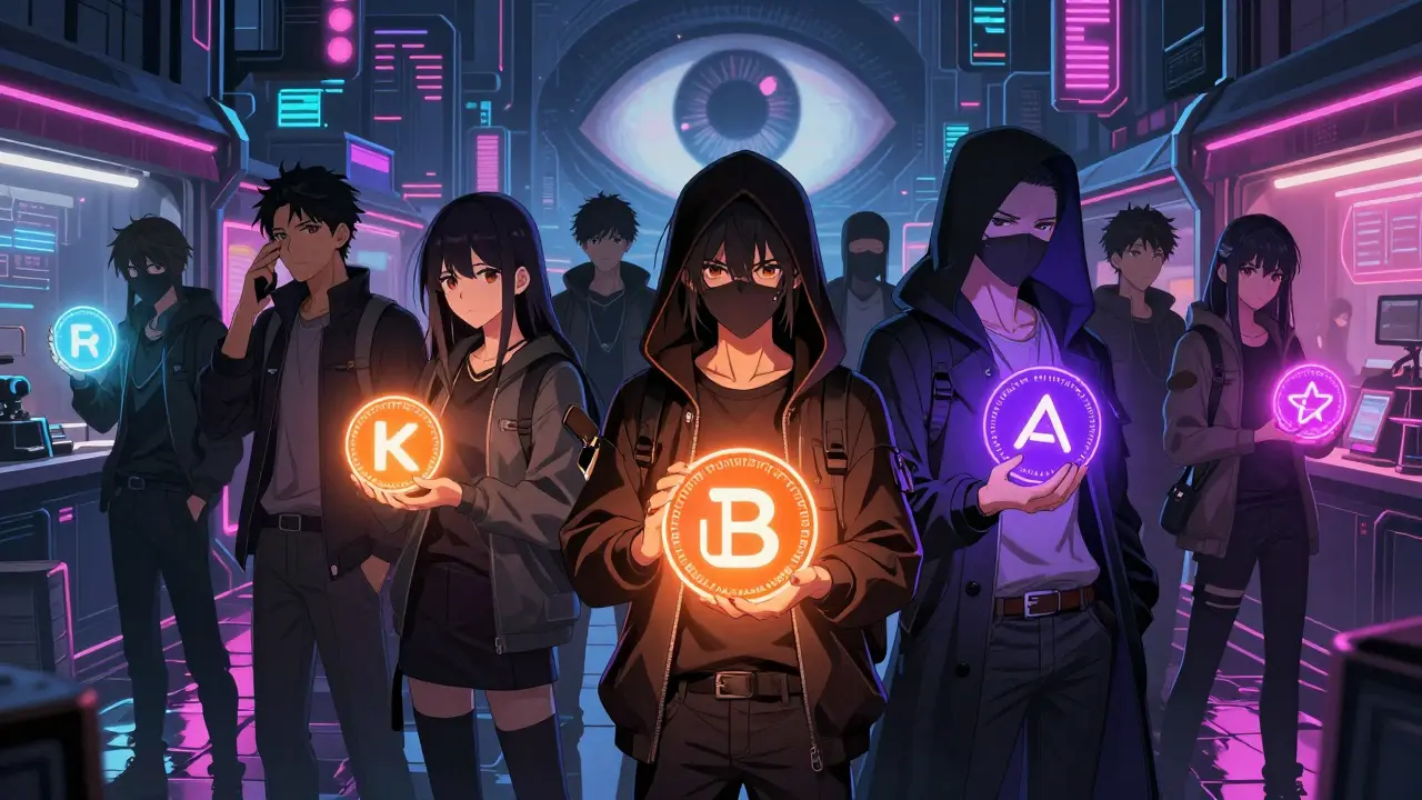 Manga illustration of anonymous traders holding privacy coins in a neon city.