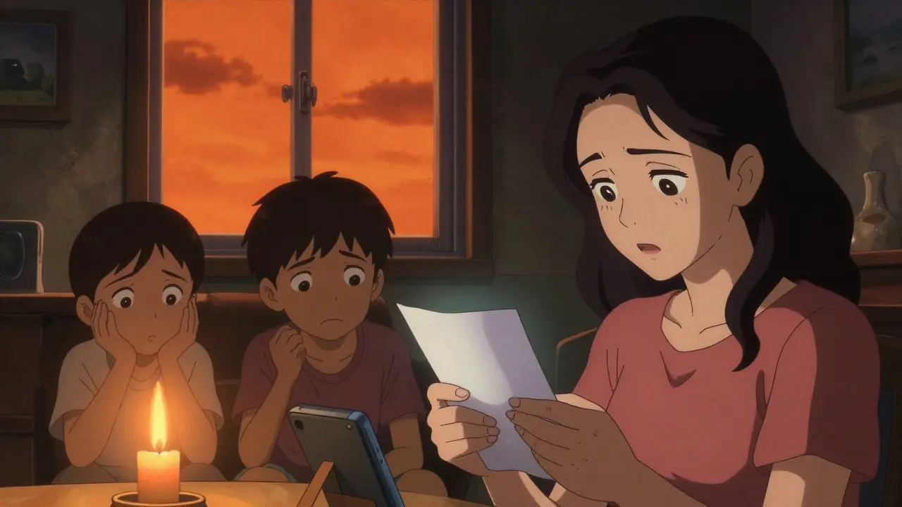 Manga style family sitting in darkness during a power outage