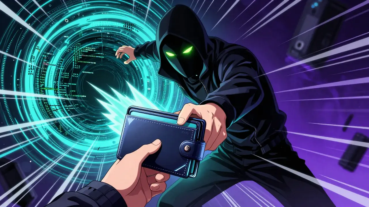 Manga style hacker draining crypto wallet from victim