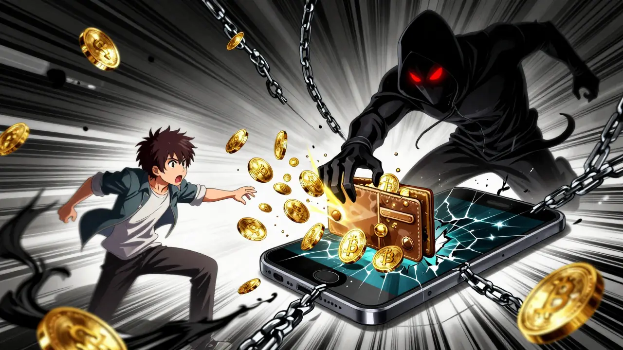 Shadowy hacker draining crypto coins from an anime user's digital wallet