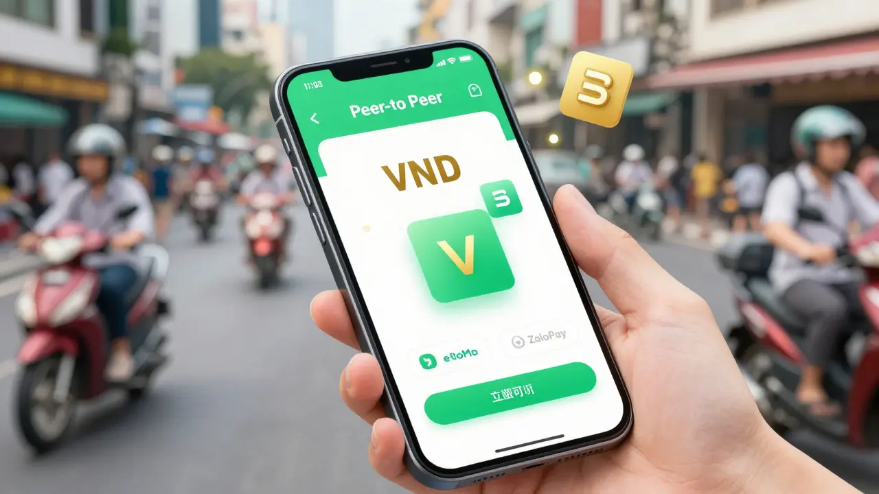 Smartphone showing P2P crypto trading interface with VND and e-wallet icons