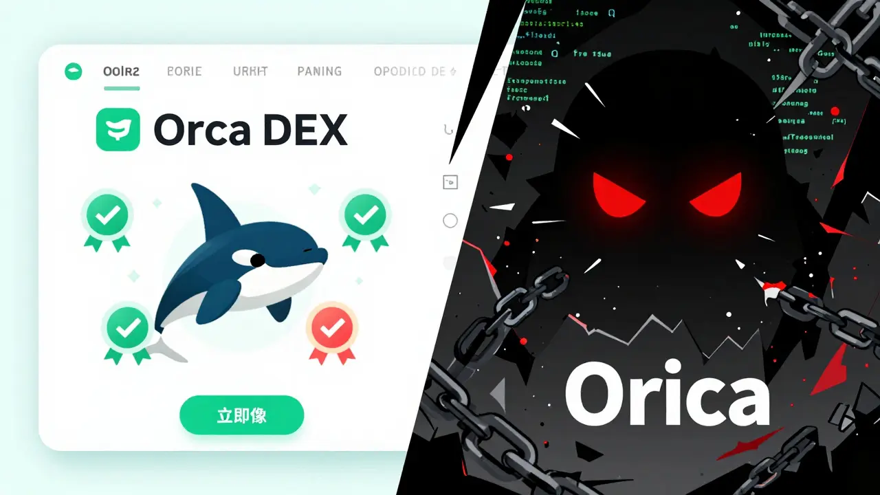 Split screen anime art comparing legitimate Orca DEX with dangerous fake Orica scam site