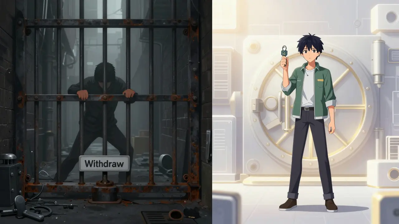 Split screen anime art showing blocked withdrawals vs secure digital vaults.