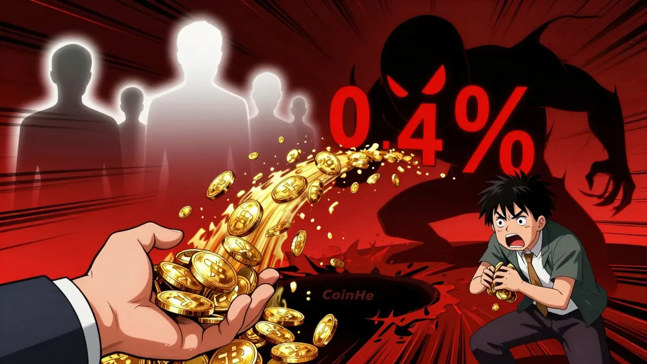 Stylized anime art showing high fees consuming crypto profits in a dark void.