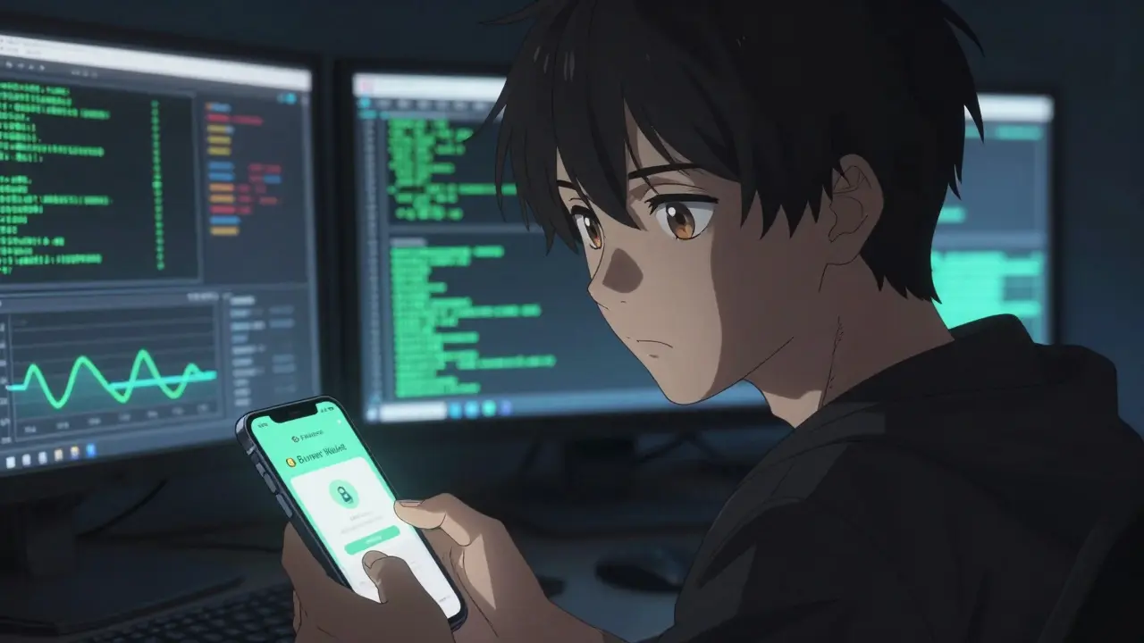Anime character cautiously setting up a burner wallet on a phone in a dark room.
