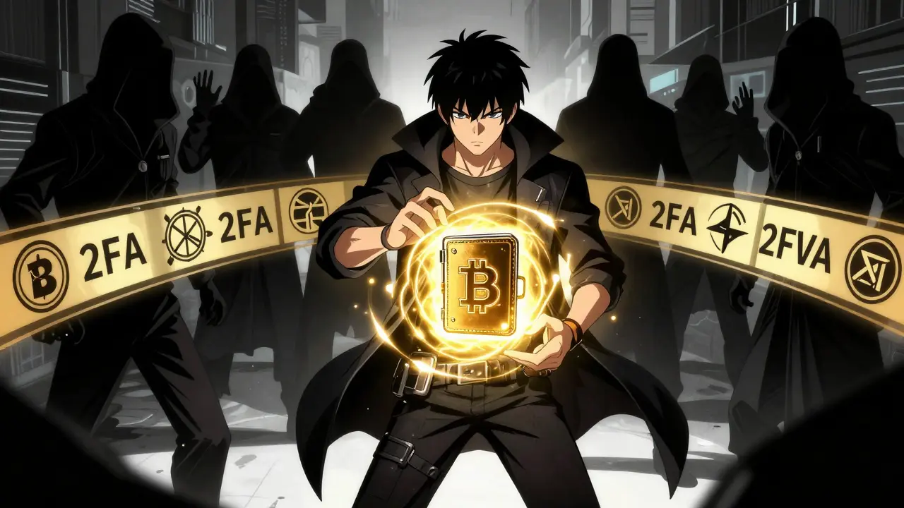 Anime character protecting a glowing hardware wallet from shadowy threats