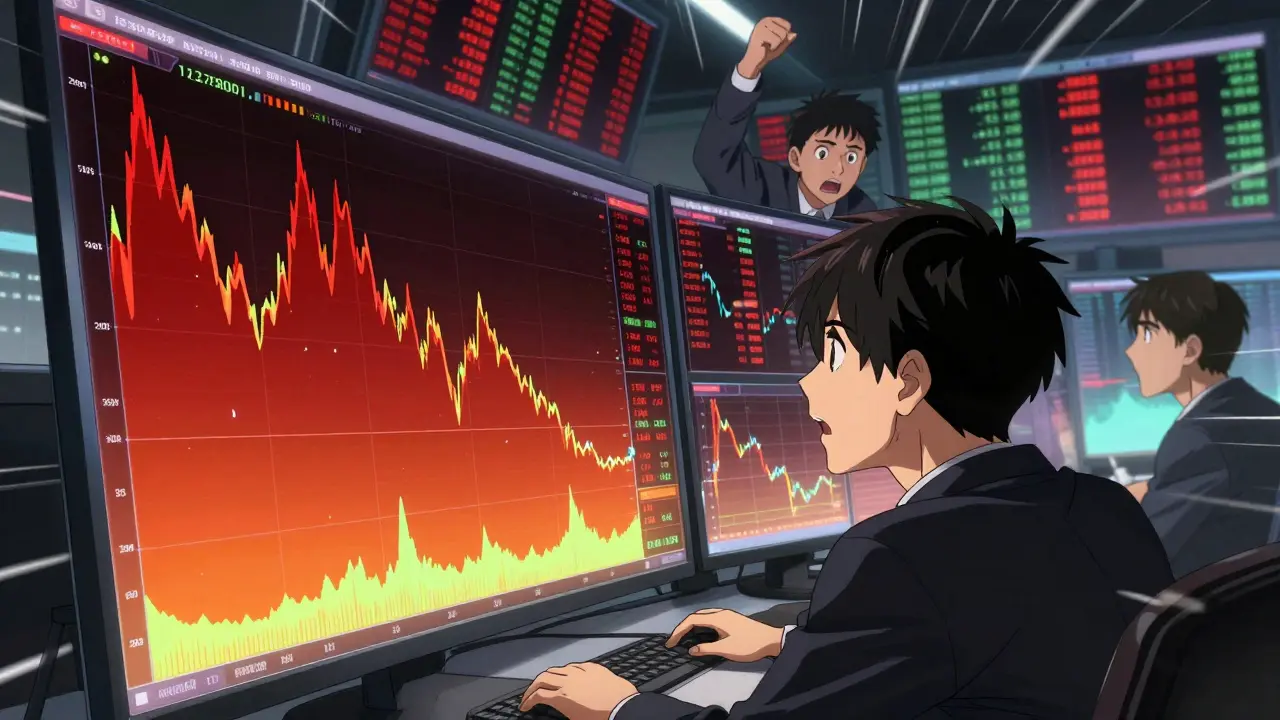 Anime character viewing chaotic, volatile crypto charts with red alerts