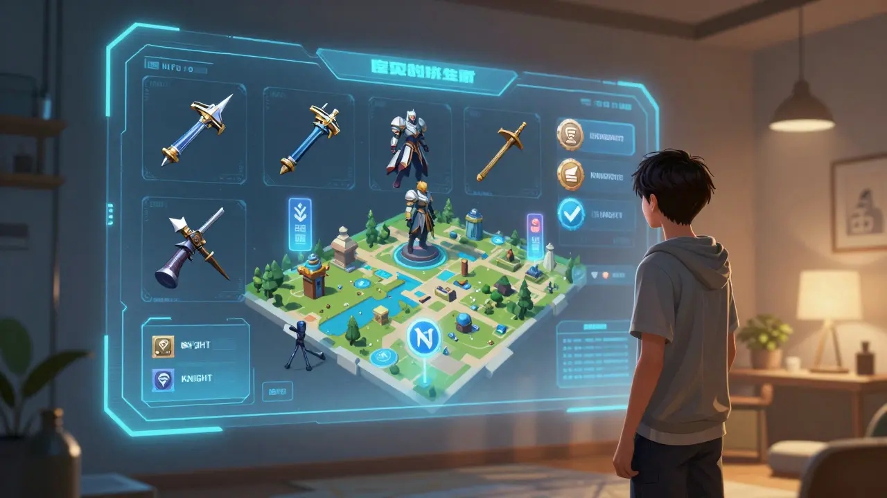 Anime character viewing NFT items on holographic screen