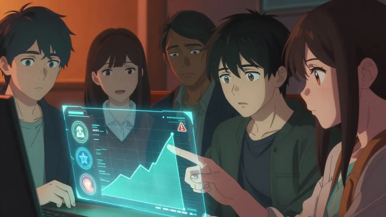 Anime characters analyzing crypto staking options on a hologram